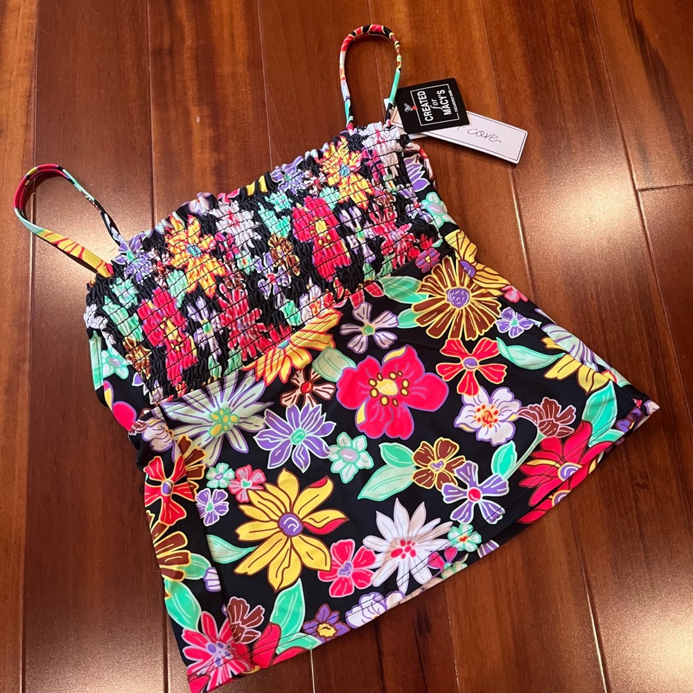 Floral Tankini Swim Top Salt + Cove Smocked Ruche Black Multi New‎ Size XS